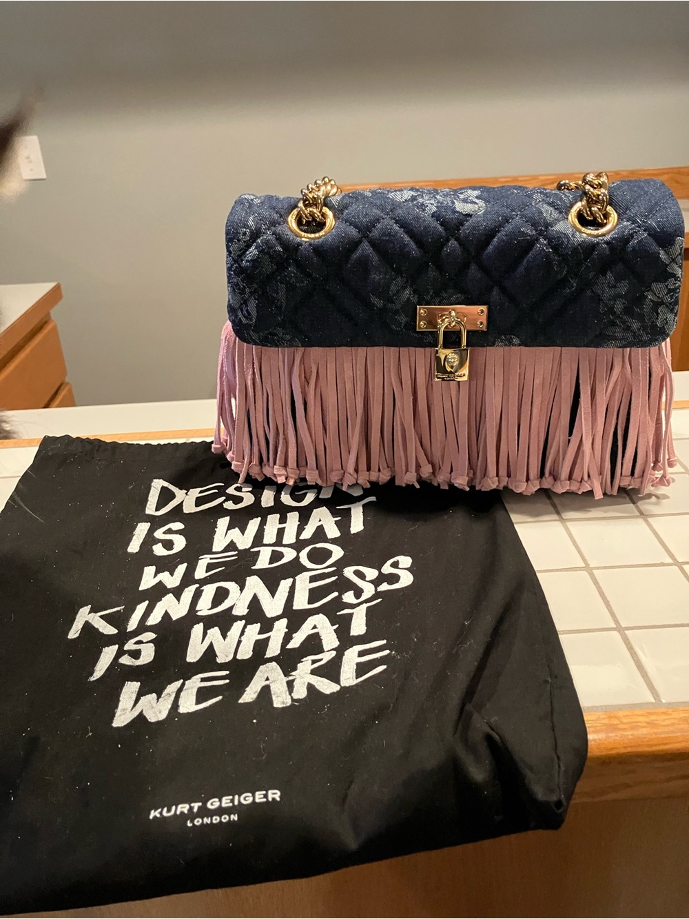 Kurt Geiger Navy Quilted denim Shoulder Bag with Pink Fringe & Gold Hardware